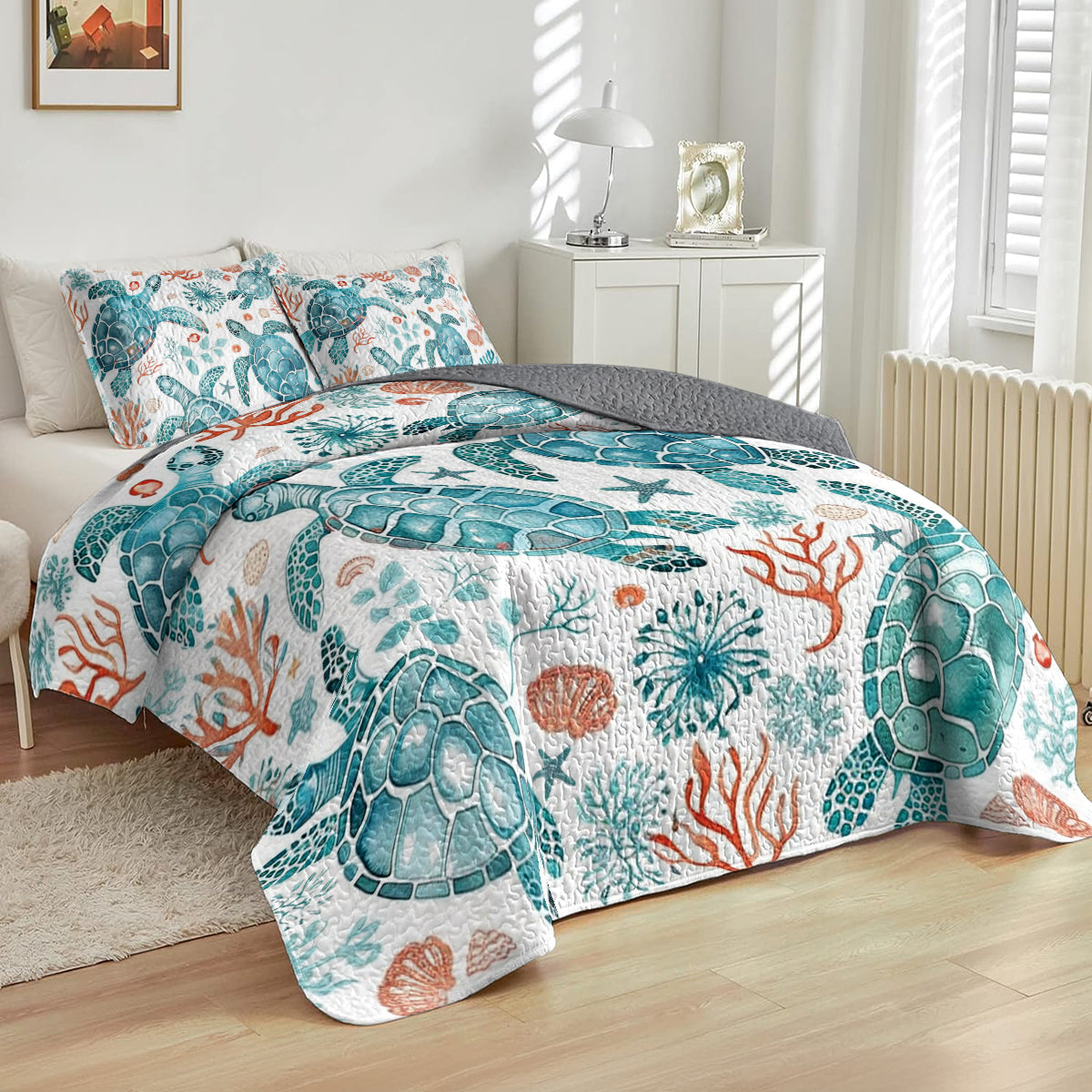 Shineful All Season Quilt 3-Piece Set Sea Turtle Turquoise Blue Pattern