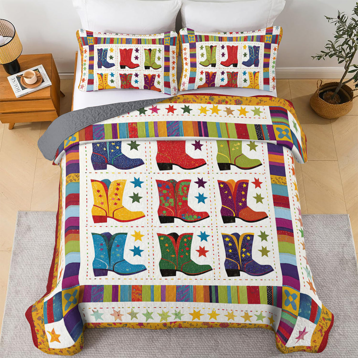 Shineful All Season Quilt 3-Piece Set Jaunty Cowboy Boots