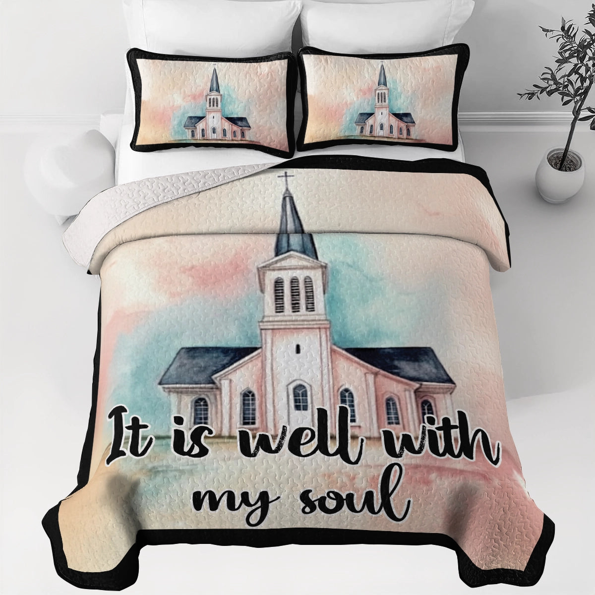 Shineful All Season Quilt 3-Piece Set - Peaceful Church & God's Love
