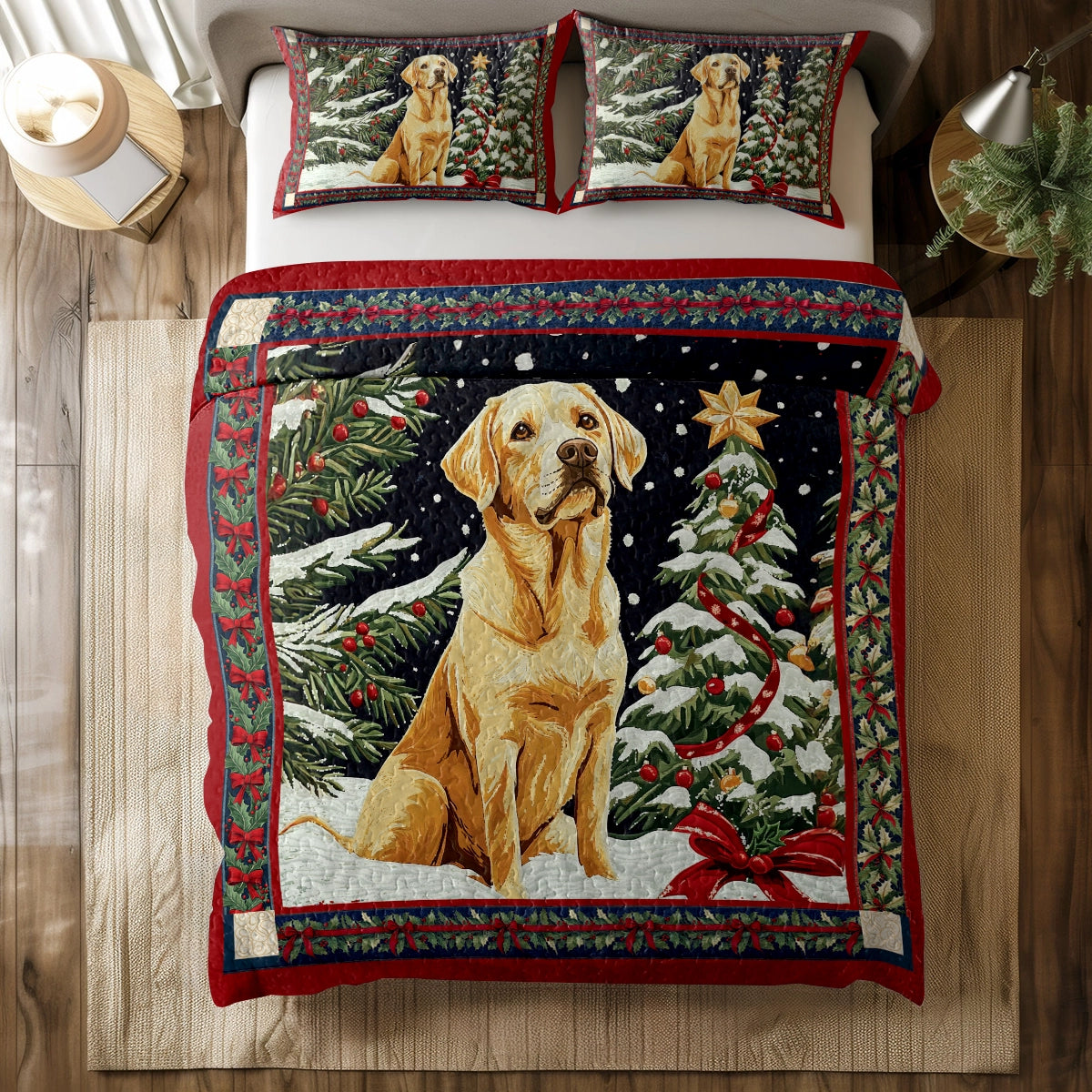 Shineful All Season Quilt 3-Piece Set - Snowy Night with My Labrador
