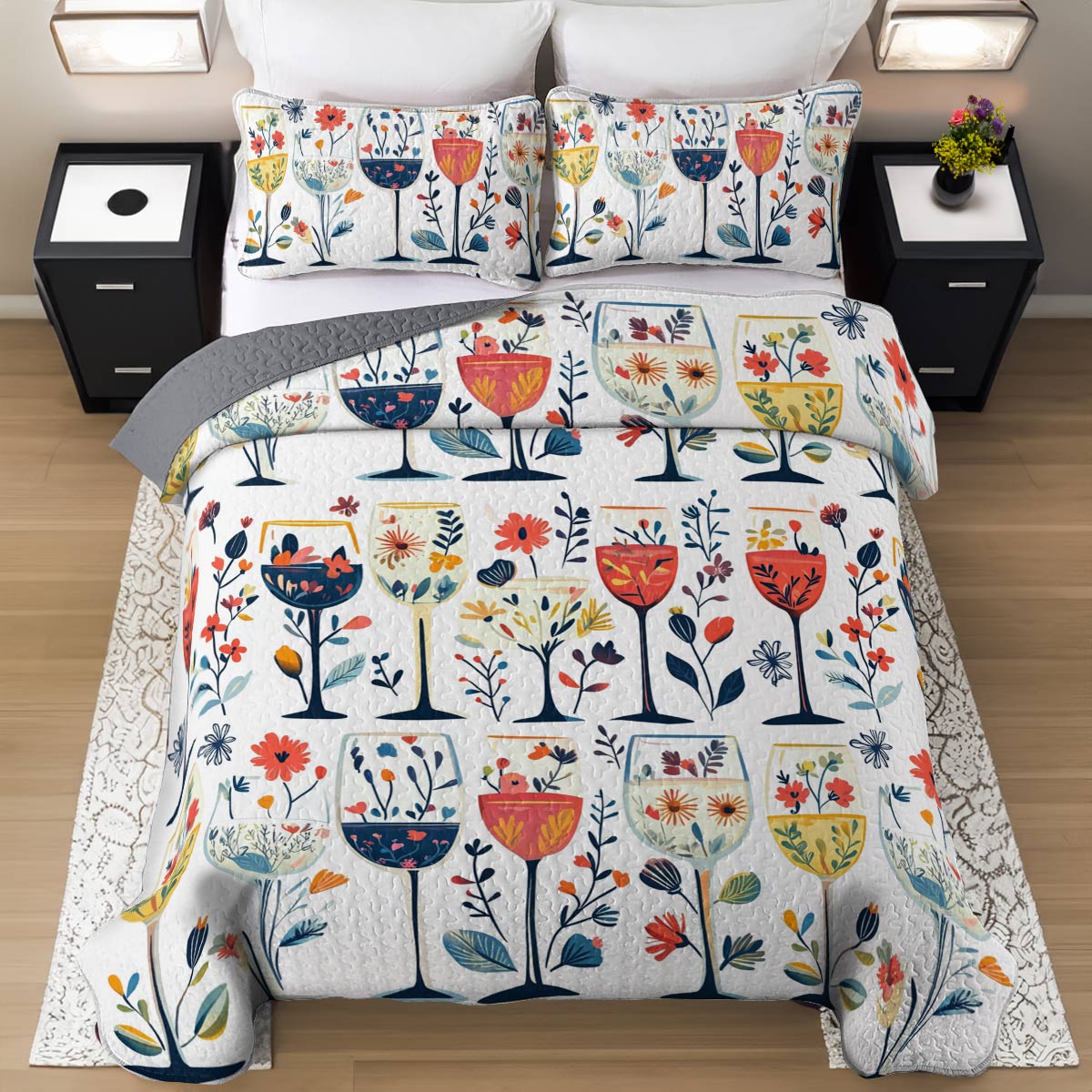 Shineful All Season Quilt 3-Piece Set Beautiful Wine Glasses Flowers