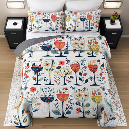 Shineful All Season Quilt 3-Piece Set Beautiful Wine Glasses Flowers