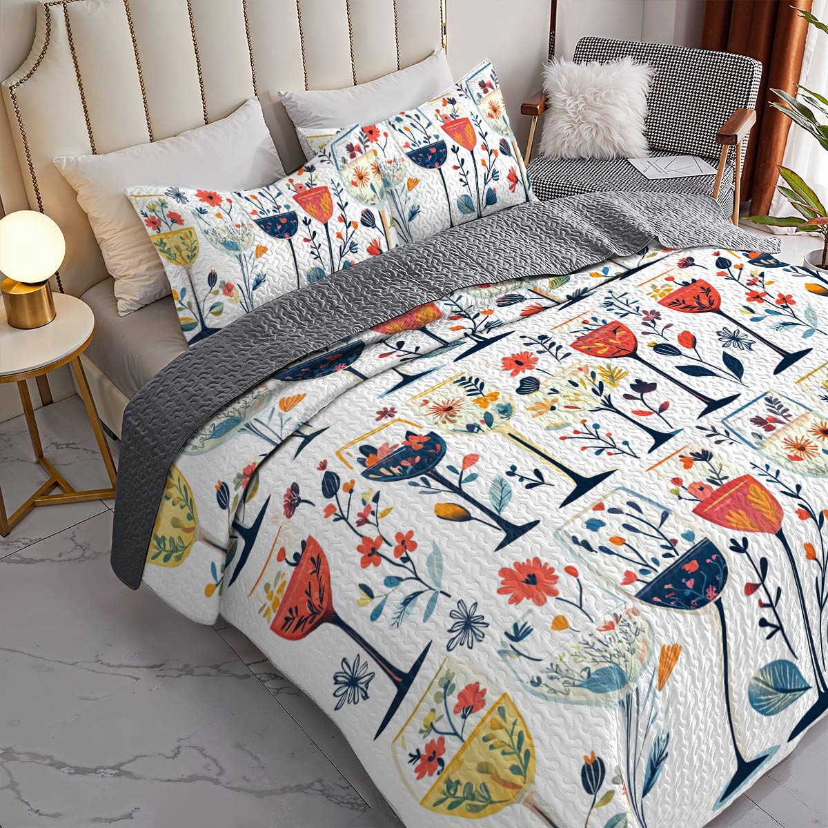 Shineful All Season Quilt 3-Piece Set Beautiful Wine Glasses Flowers
