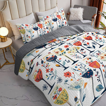 Shineful All Season Quilt 3-Piece Set Beautiful Wine Glasses Flowers