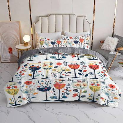 Shineful All Season Quilt 3-Piece Set Beautiful Wine Glasses Flowers