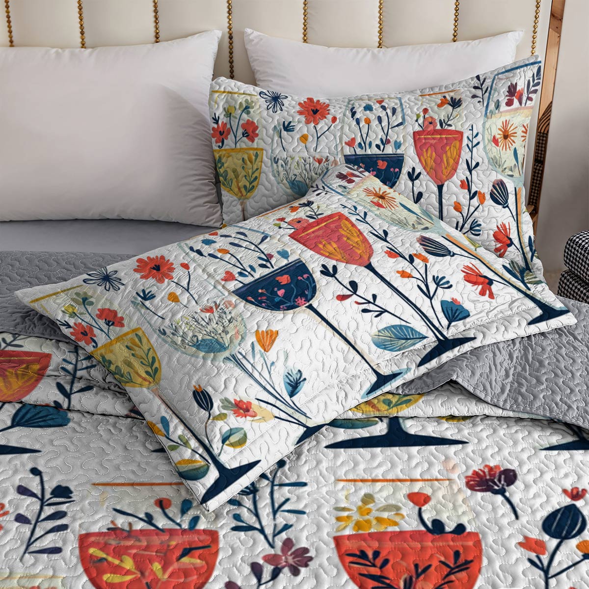 Shineful All Season Quilt 3-Piece Set Beautiful Wine Glasses Flowers