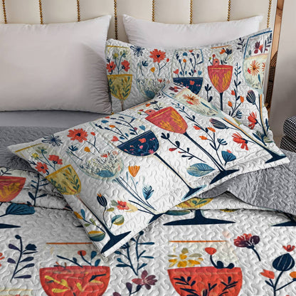 Shineful All Season Quilt 3-Piece Set Beautiful Wine Glasses Flowers