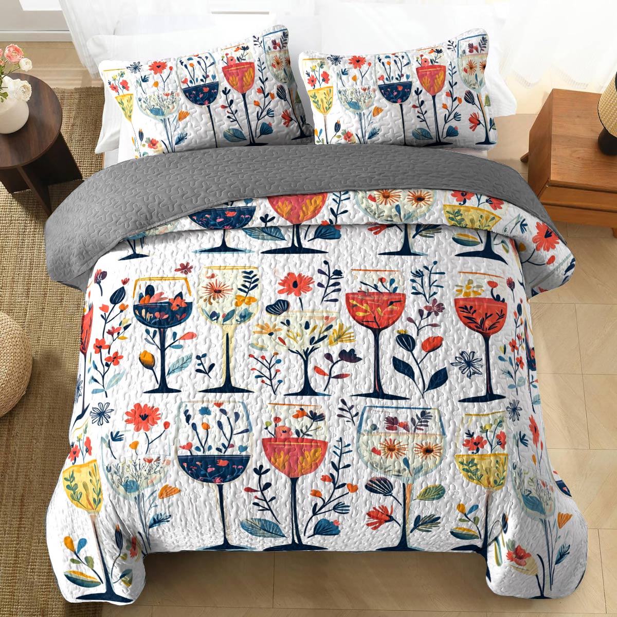 Shineful All Season Quilt 3-Piece Set Beautiful Wine Glasses Flowers