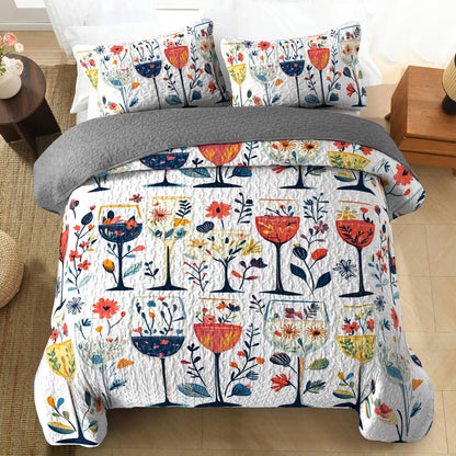 Shineful All Season Quilt 3-Piece Set Beautiful Wine Glasses Flowers