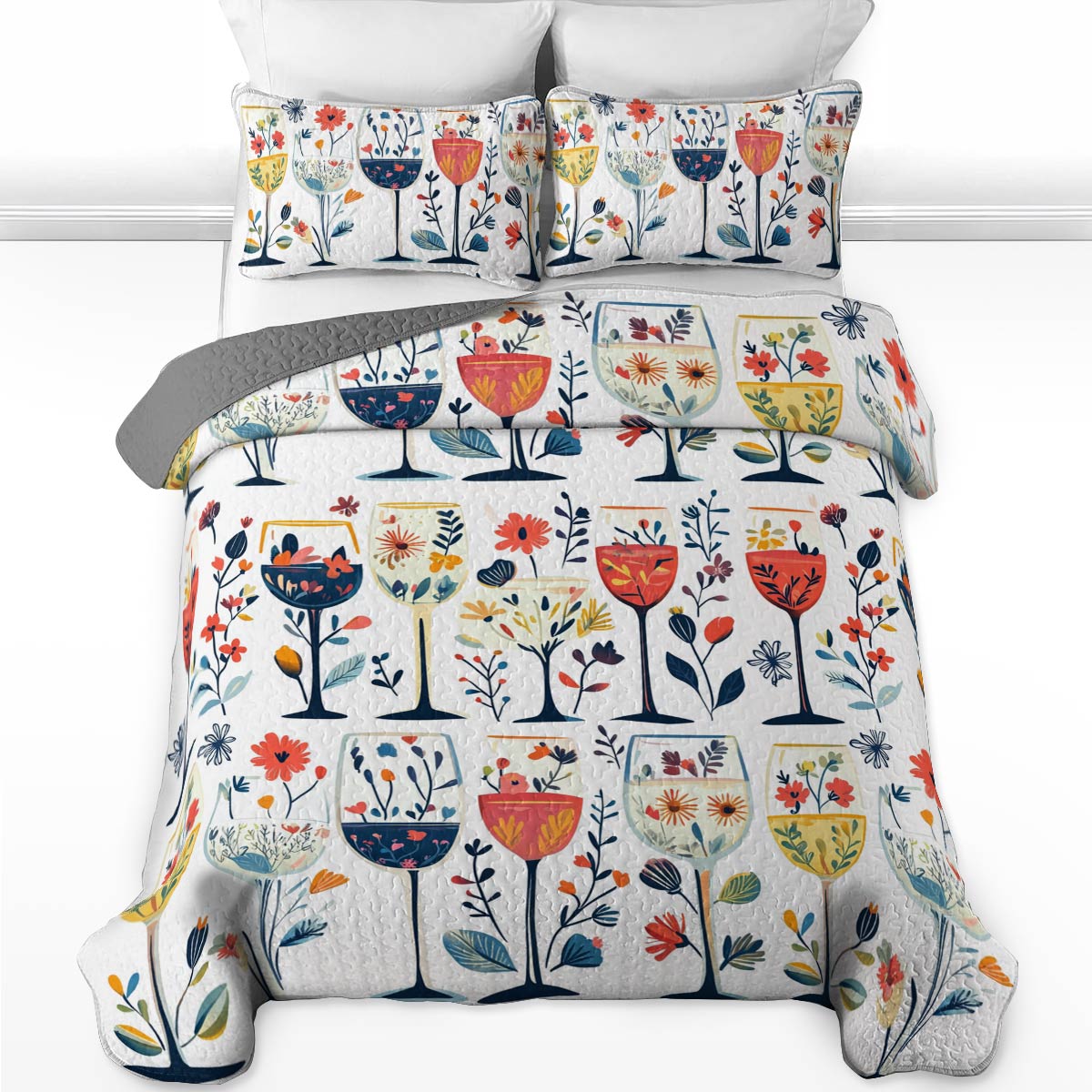 Shineful All Season Quilt 3-Piece Set Beautiful Wine Glasses Flowers