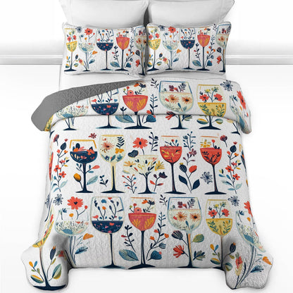 Shineful All Season Quilt 3-Piece Set Beautiful Wine Glasses Flowers