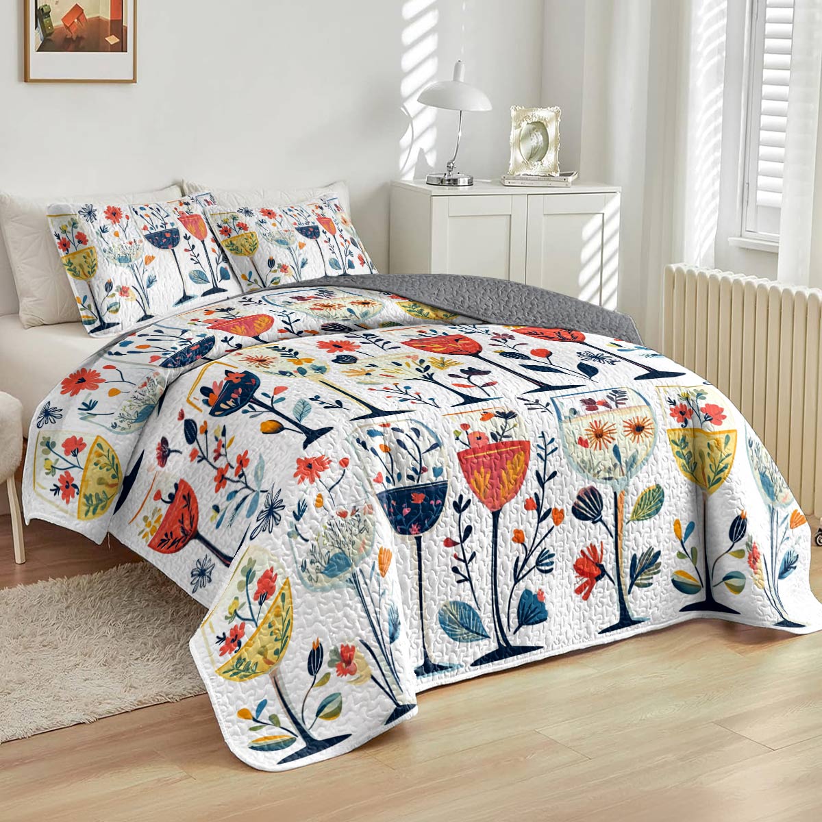 Shineful All Season Quilt 3-Piece Set Beautiful Wine Glasses Flowers