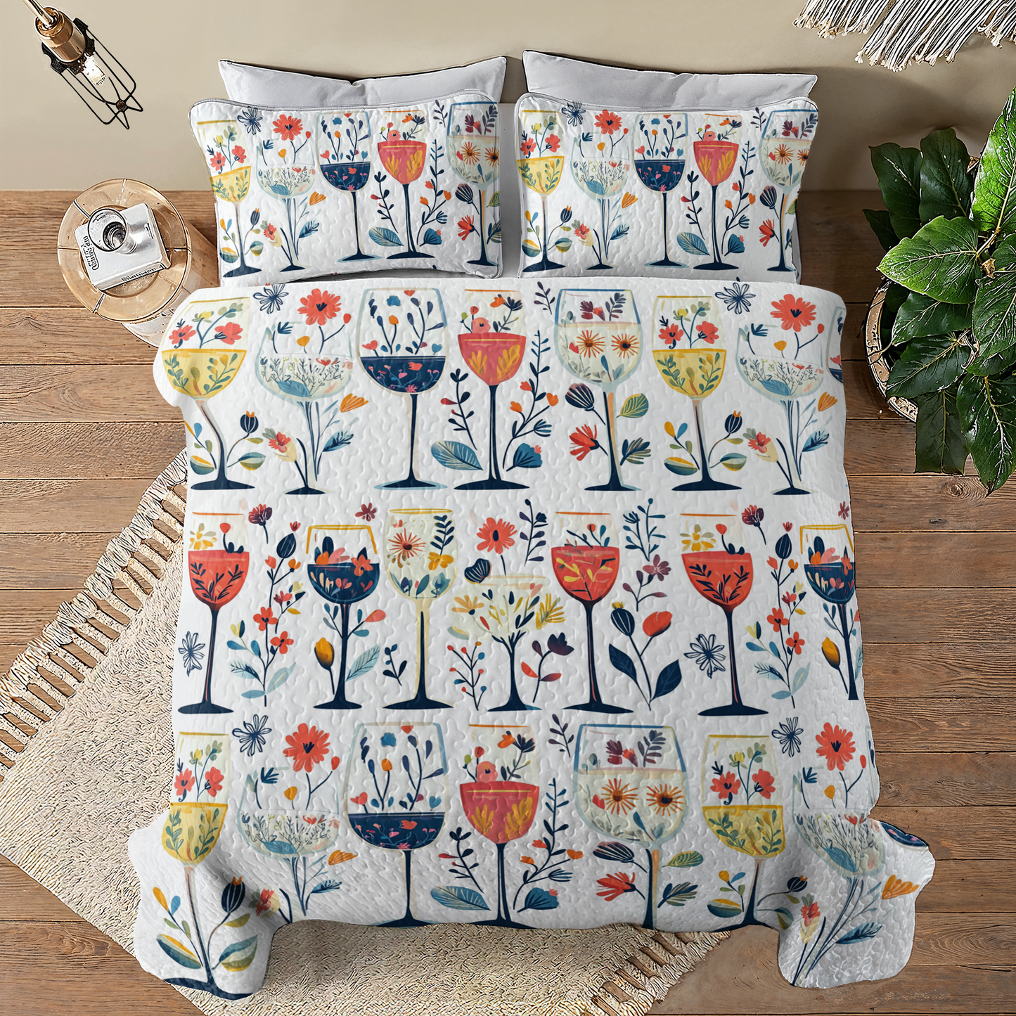 Shineful All Season Quilt 3-Piece Set Beautiful Wine Glasses Flowers