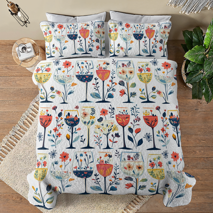 Shineful All Season Quilt 3-Piece Set Beautiful Wine Glasses Flowers