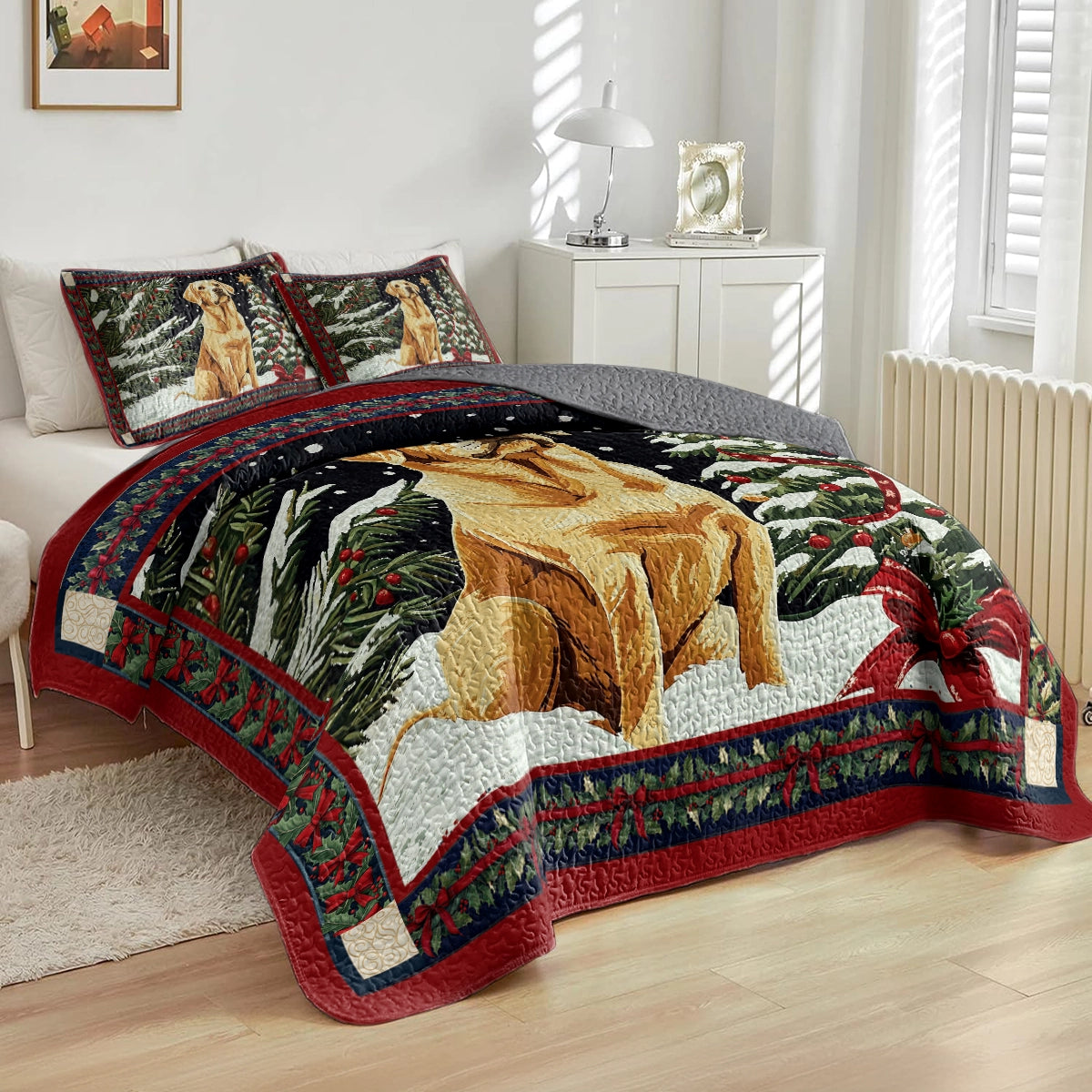 Shineful All Season Quilt 3-Piece Set - Snowy Night with My Labrador