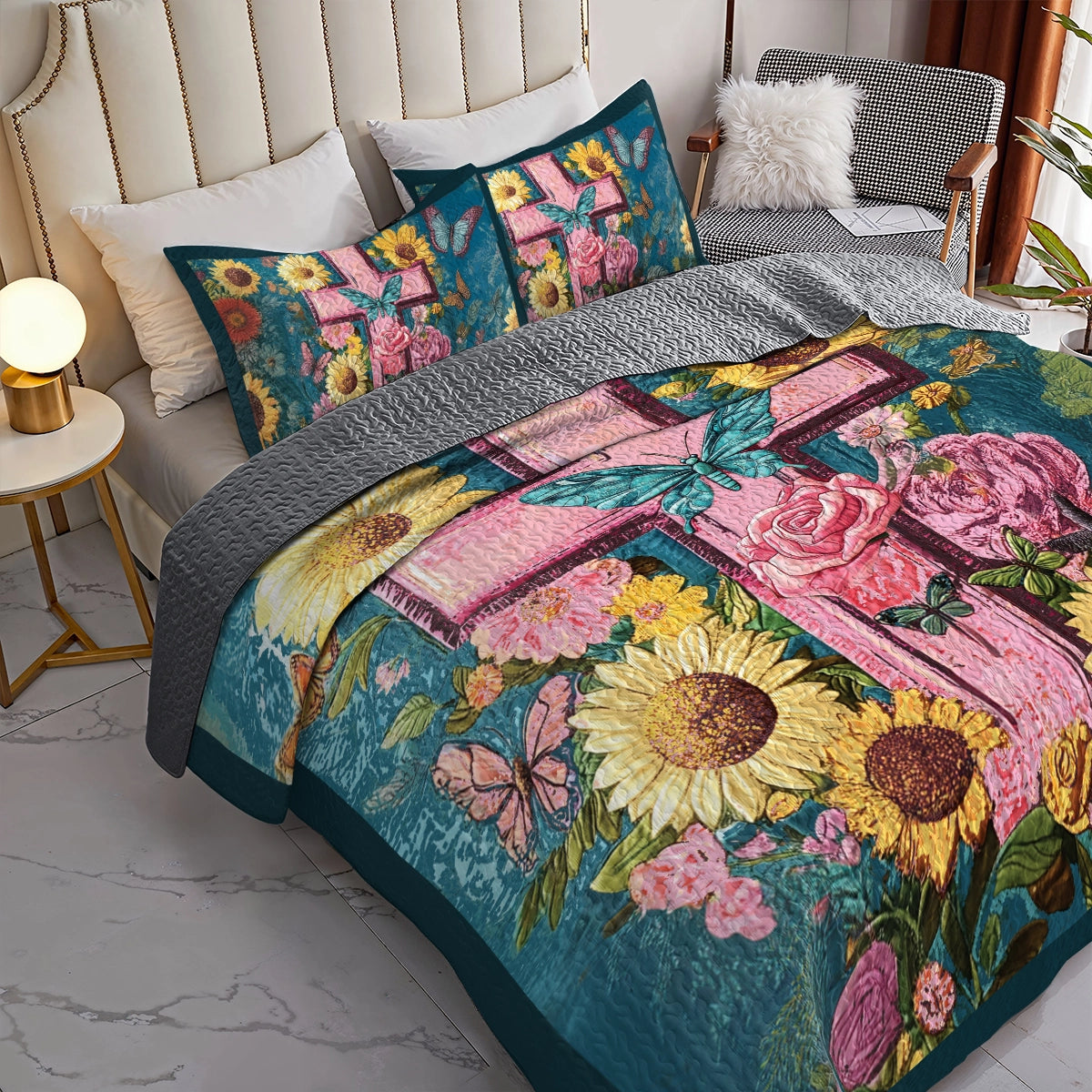 Shineful All Season Quilt 3-Piece Set - Blessed Blooms with God