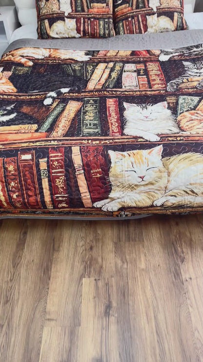 Shineful Quilt 3-Piece Set Book Nook Cats Reading