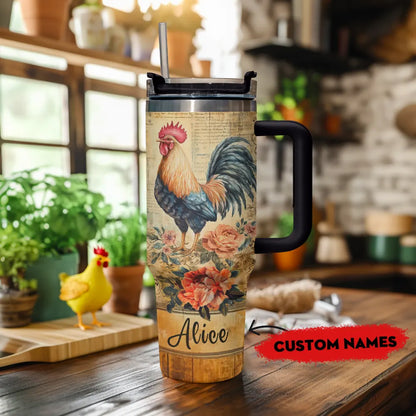 Shineful Tumbler Personalized Rooster & Roses