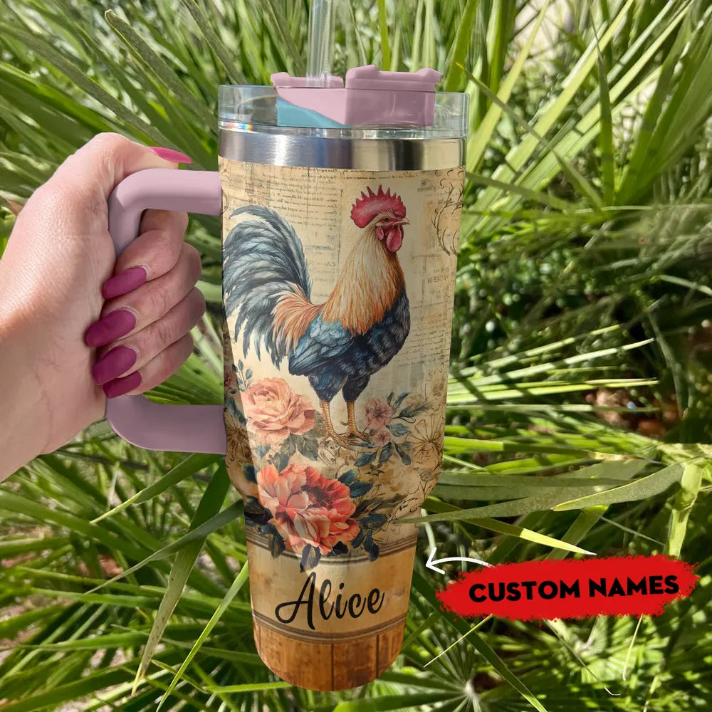 Shineful Tumbler Personalized Rooster & Roses