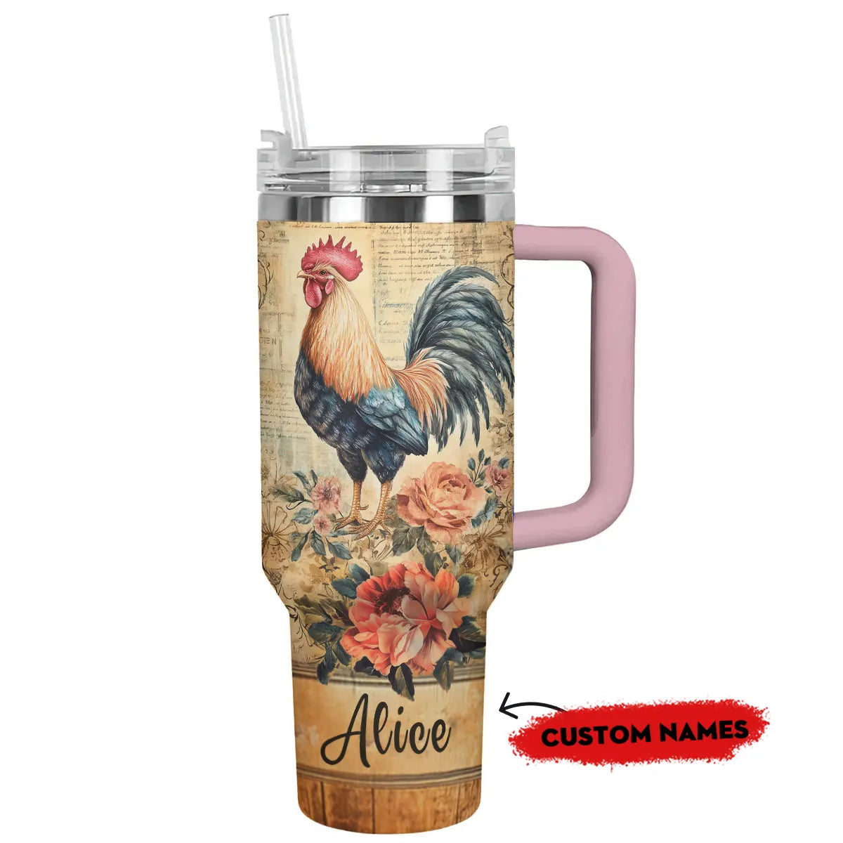 Shineful Tumbler Personalized Rooster & Roses