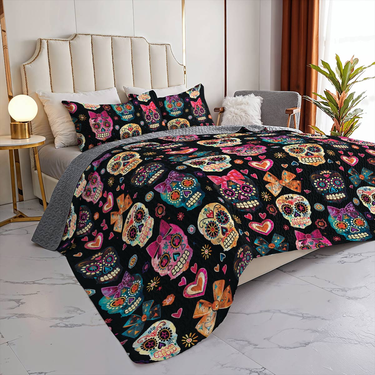 Shineful All Season Quilt 3-Piece Set Pretty Love Sugar Skull