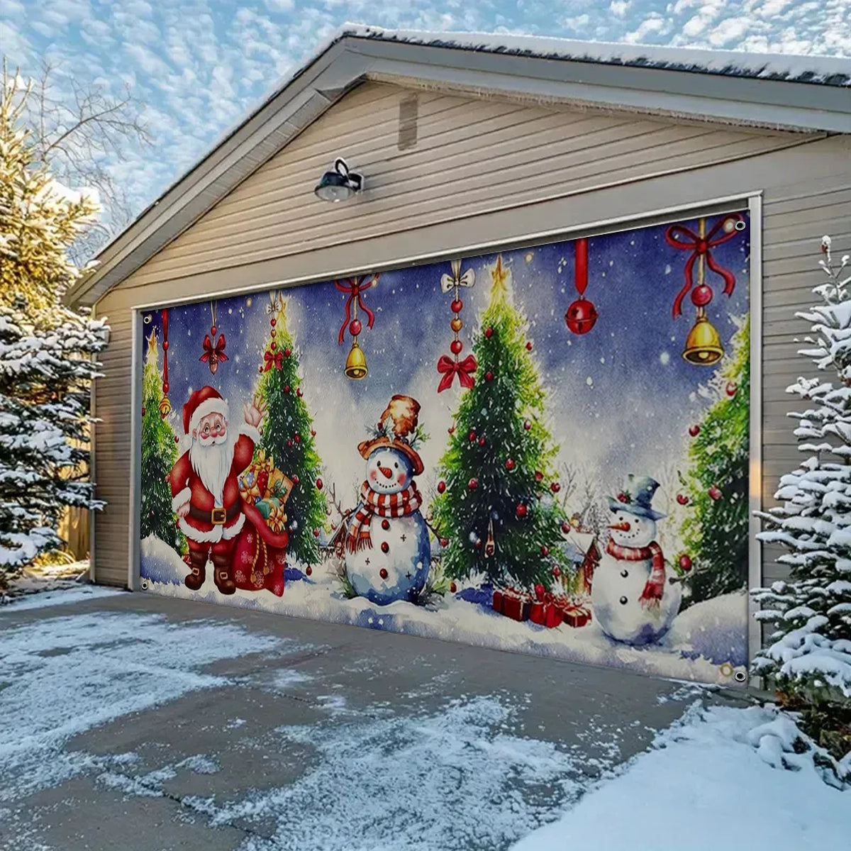 Shineful Garage Door Banner Decoration Holiday Cheer with Santa and Snowmen