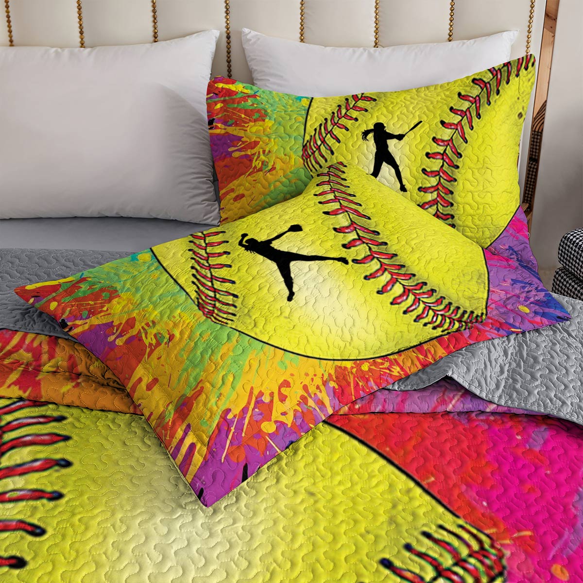 Shineful All Season Quilt 3-Piece Set Colorful Softball Splashing