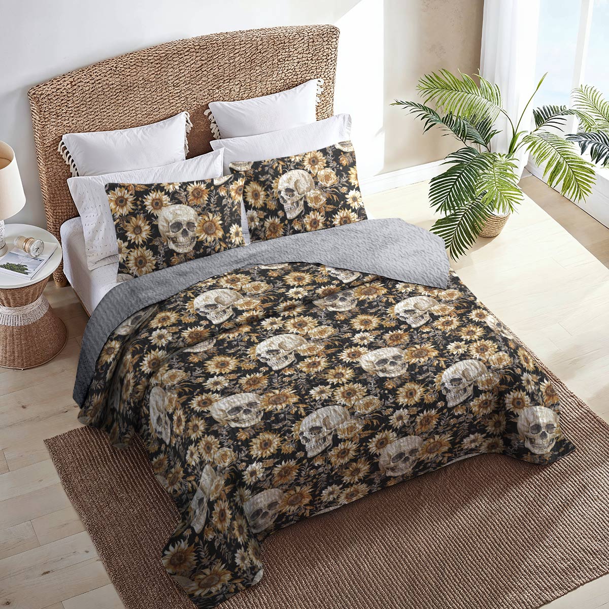 Shineful All Season Quilt 3-Piece Set Sunflower Skull