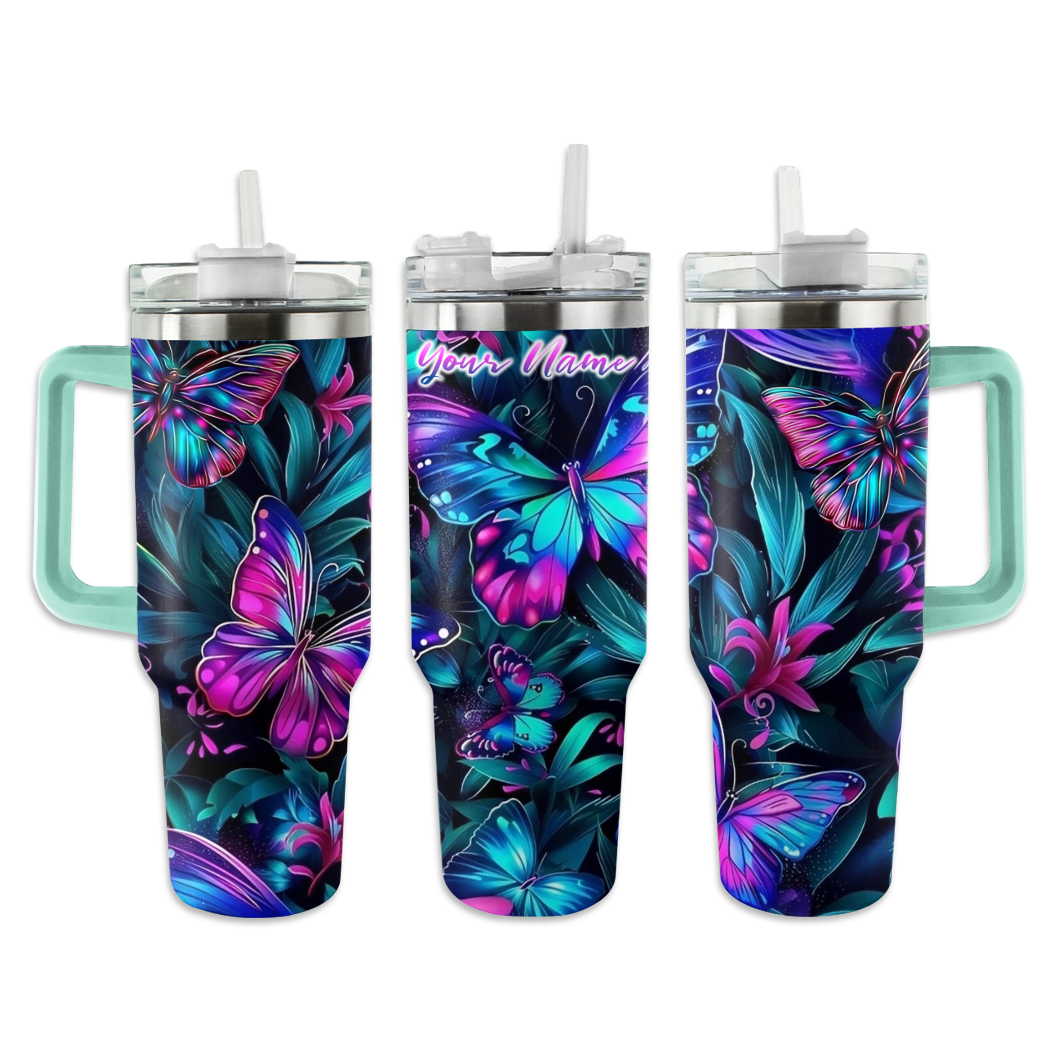 Shineful Tumbler Personalized Blue and Pink Glowing Butterflies KL30