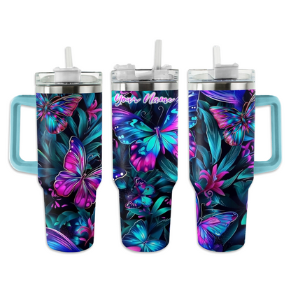Shineful Tumbler Personalized Blue and Pink Glowing Butterflies KL30