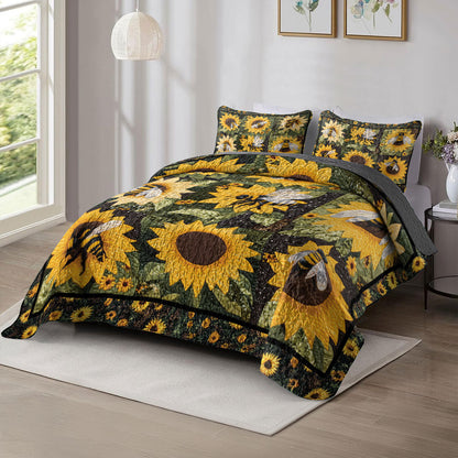 Shineful All Season Quilt 3-Piece Set Bee Bliss With Sunflowers
