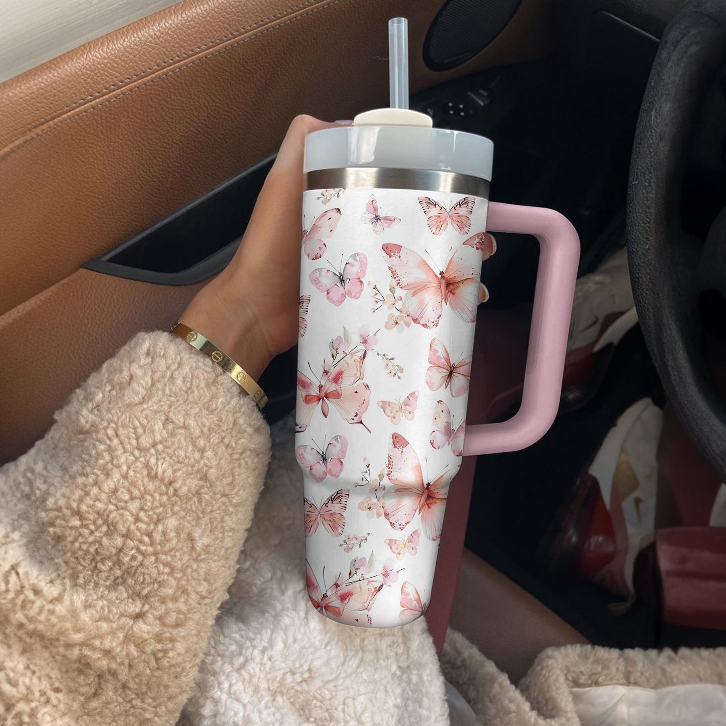Shineful Tumbler Soft Pink Pastel Butterfly Pattern
