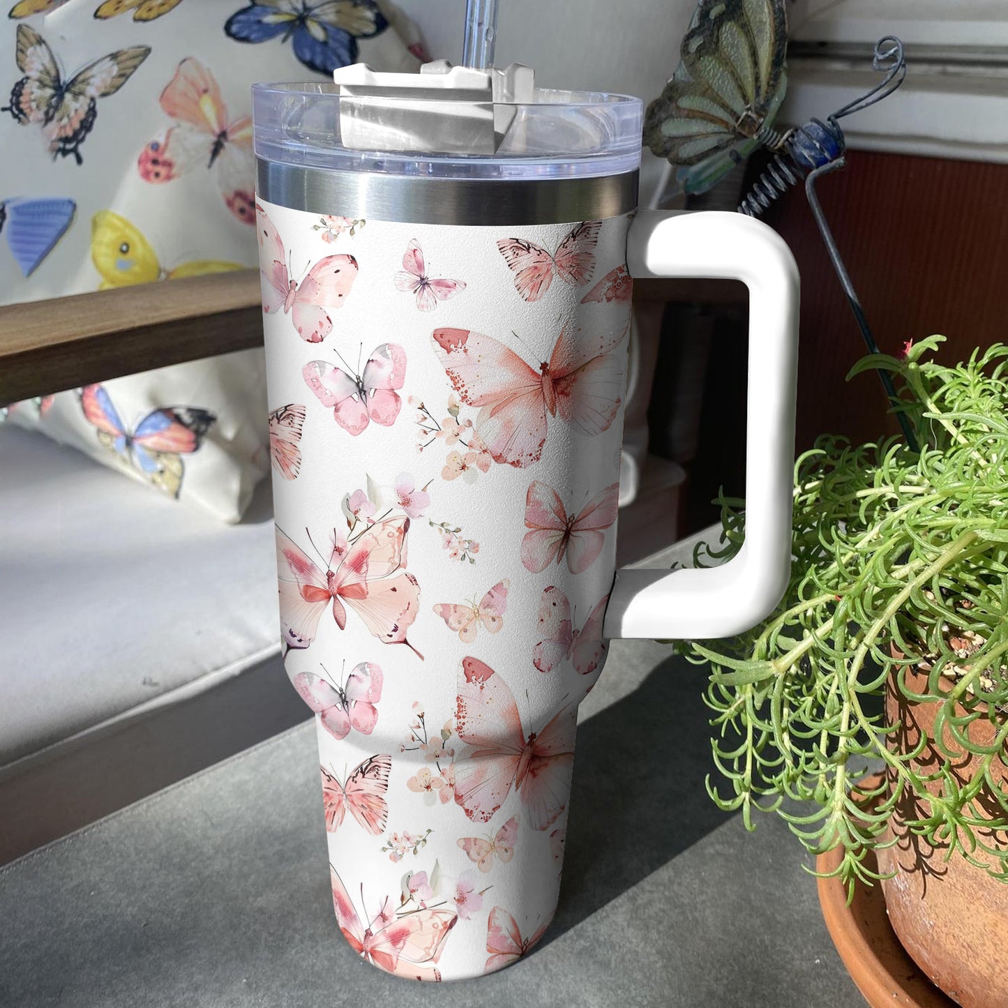 Shineful Tumbler Soft Pink Pastel Butterfly Pattern