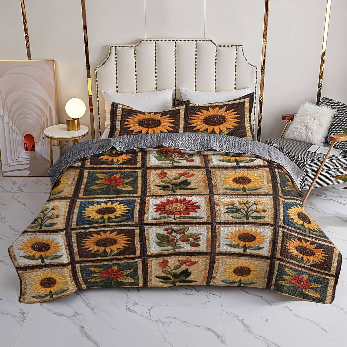 Shineful All Season Quilt 3-Piece Set Vintage Sunflowers