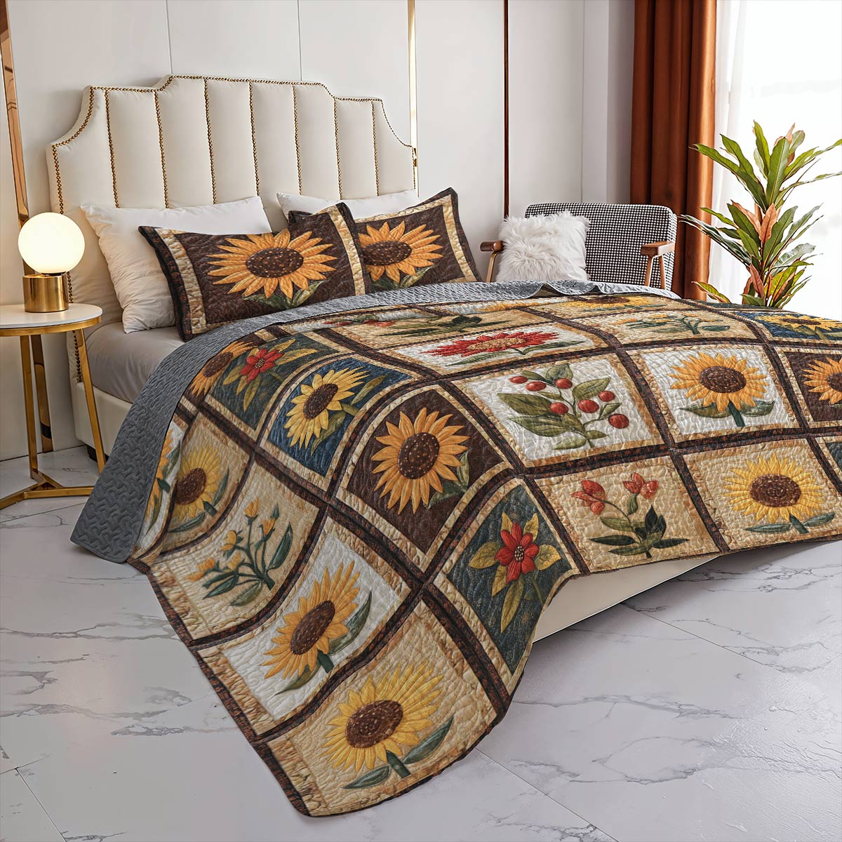 Shineful All Season Quilt 3-Piece Set Vintage Sunflowers