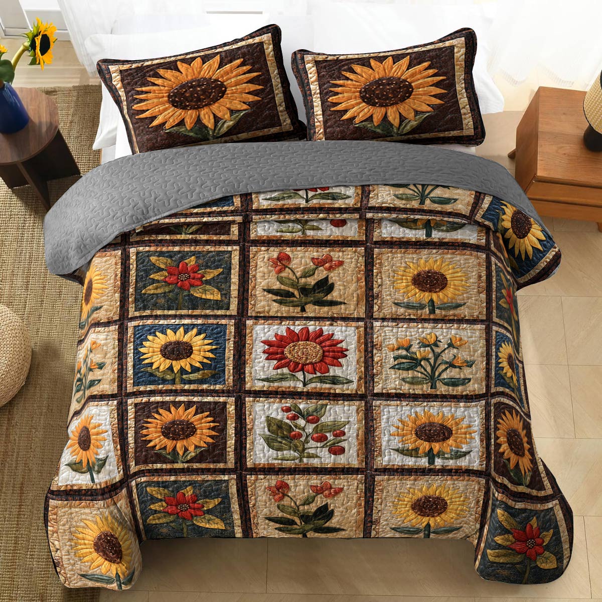 Shineful All Season Quilt 3-Piece Set Vintage Sunflowers