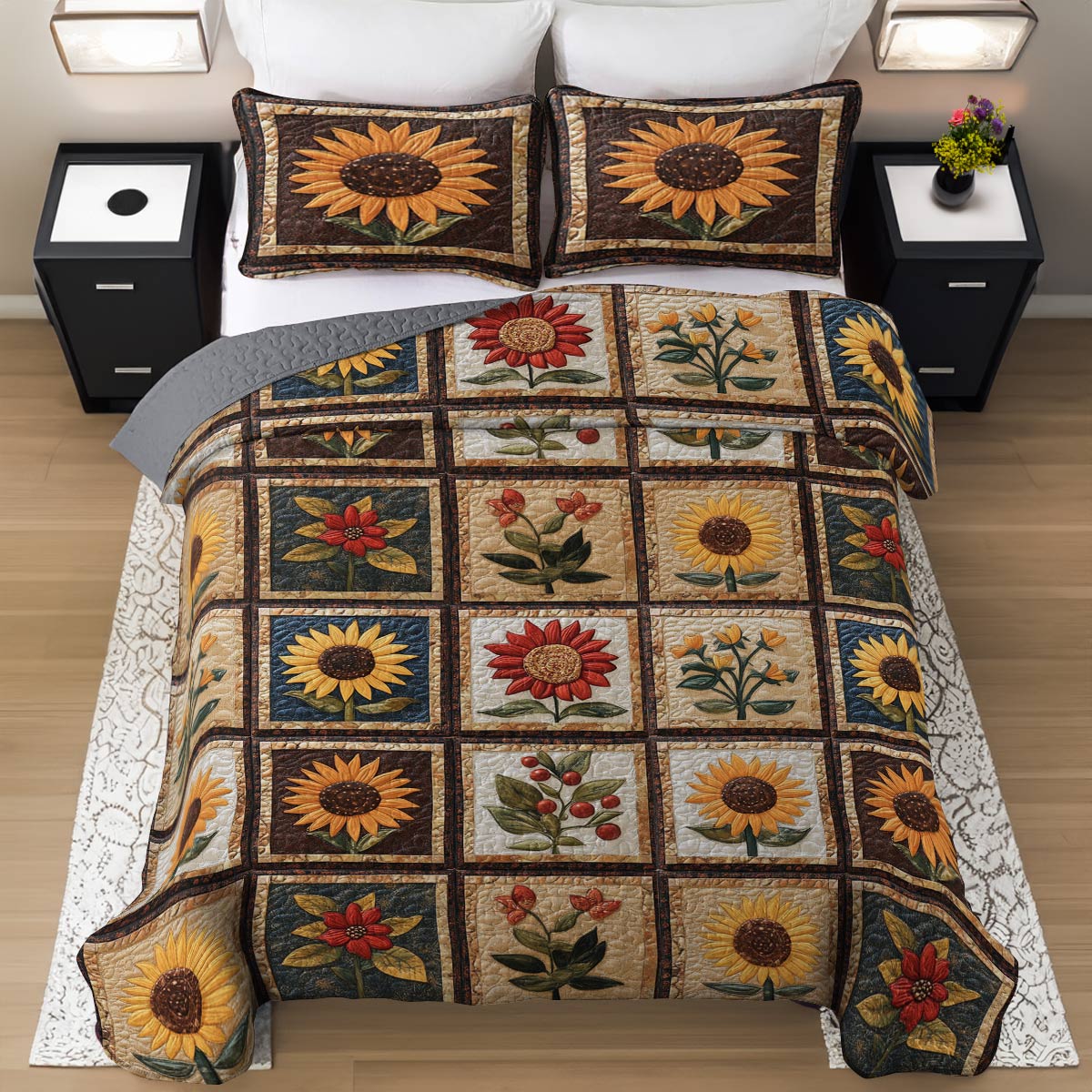 Shineful All Season Quilt 3-Piece Set Vintage Sunflowers