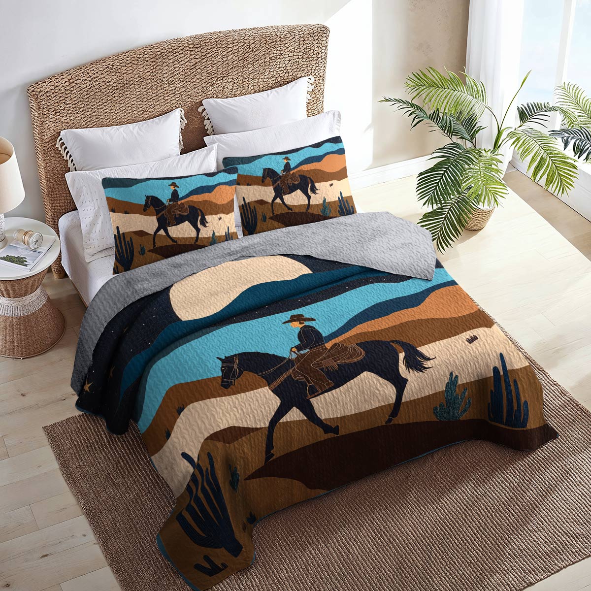 Shineful All Season Quilt 3-Piece Set - Cowboy Under The Moonlight