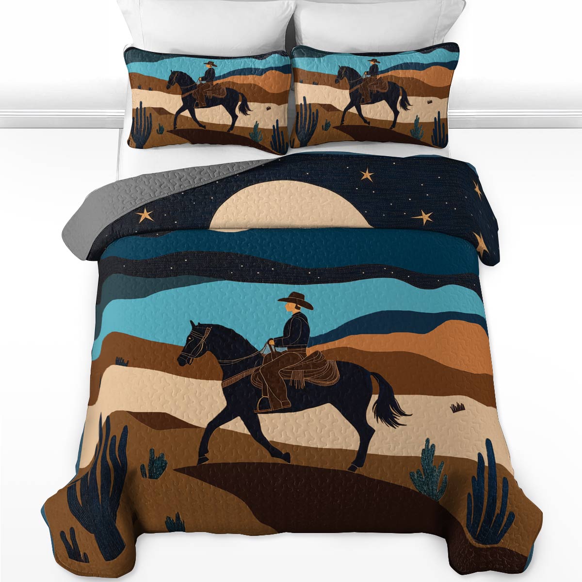 Shineful All Season Quilt 3-Piece Set - Cowboy Under The Moonlight
