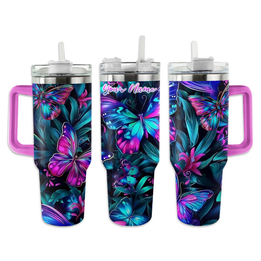 Shineful Tumbler Personalized Blue and Pink Glowing Butterflies KL30